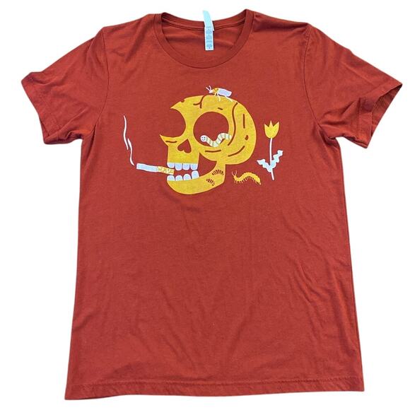 Men’s Unisex Smoking Skull T Shirt Size Medium Portland Maine Pinecone+Chickadee - Picture 2 of 8